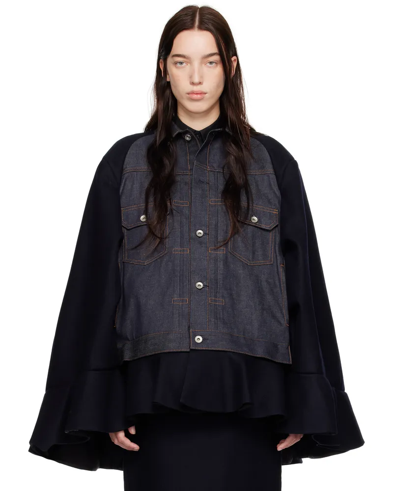 Sacai Navy Wool Melton & Denim Cape Jacket 490