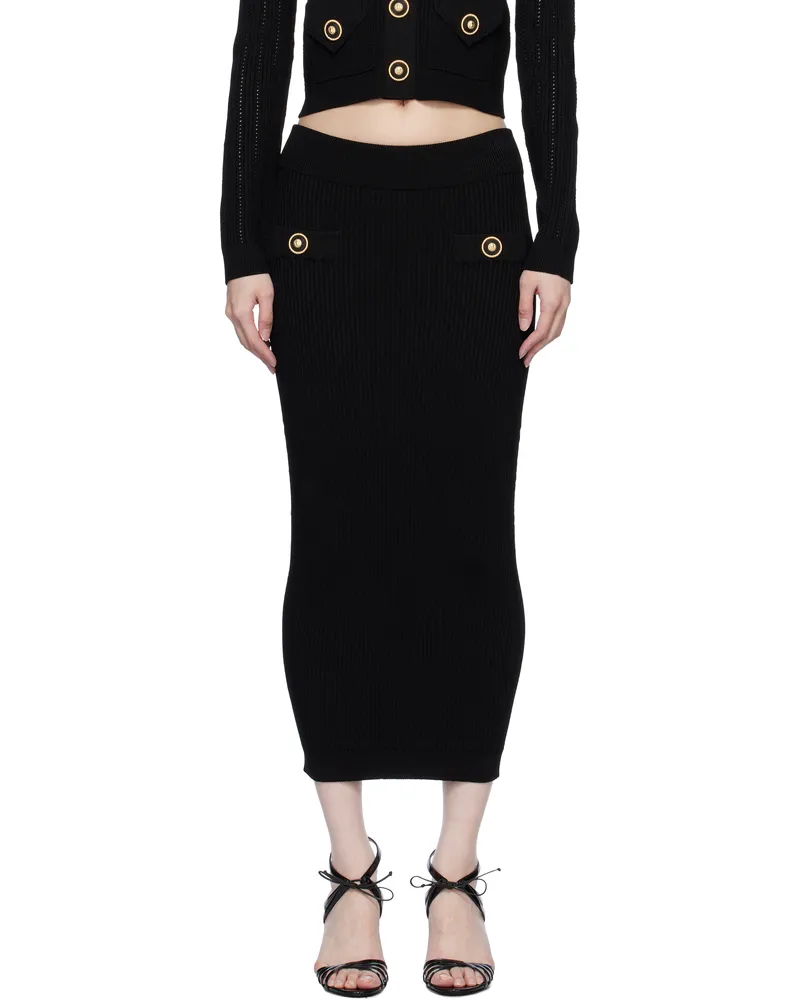 Balmain Black Plain Ribbed Knit Midi Skirt 0pa