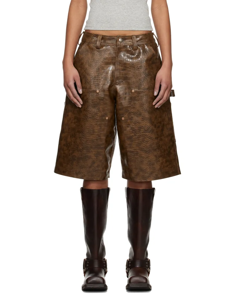 Andersson Bell Brown Double Knee Faux-Leather Shorts Brown