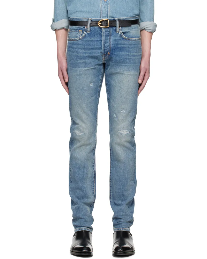 Tom Ford Blue Selvedge 'Rip And Repair' Straight Fit Jeans Washed
