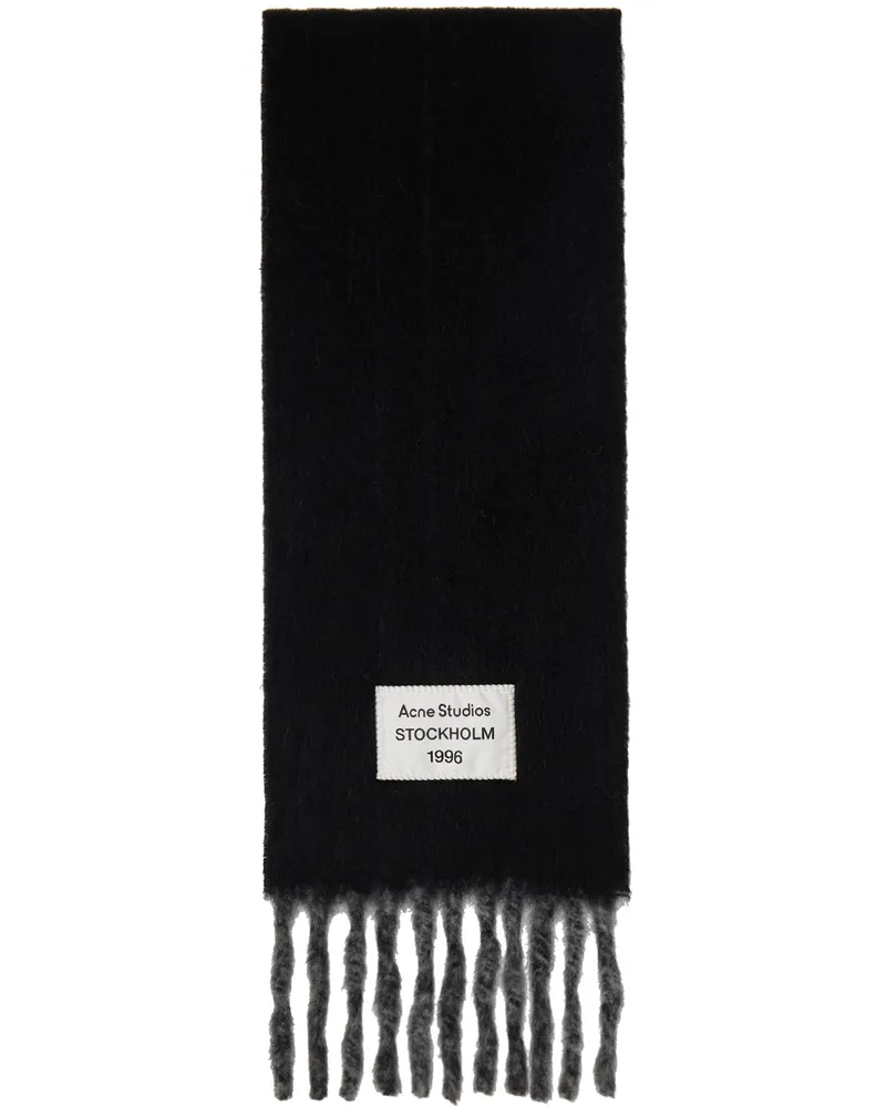 Acne Studios Black & Gray Logo Label Fringed Scarf Aik