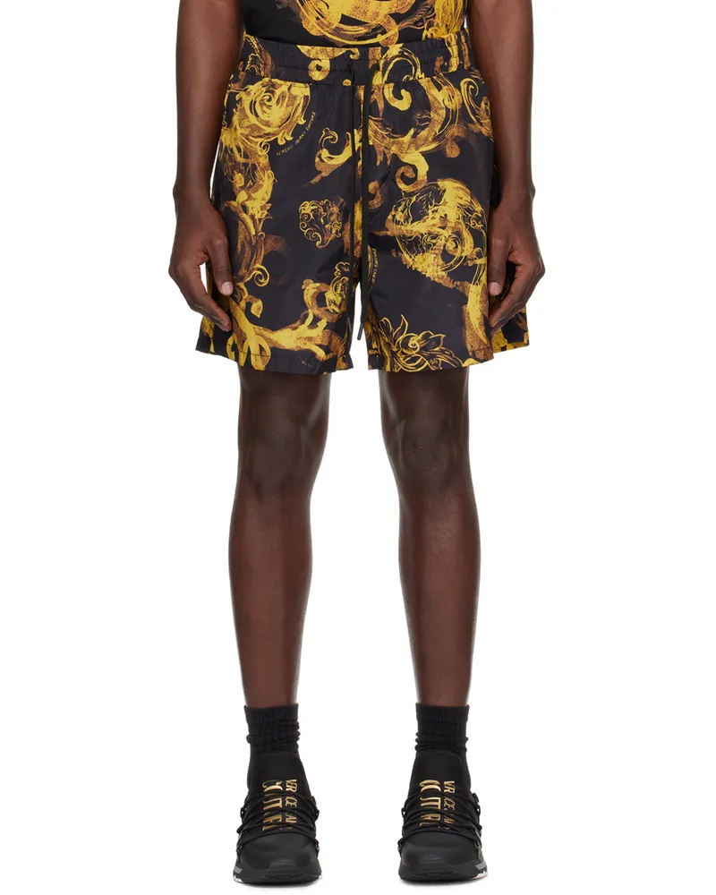 Versace Jeans Black & Gold Watercolor Couture Shorts Eg89