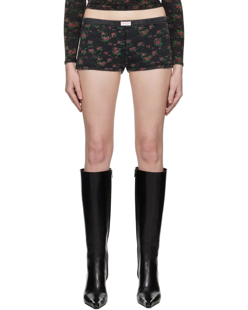 Alexander Wang Black Floral-Print Waffle Knit Boy Shorts Washed