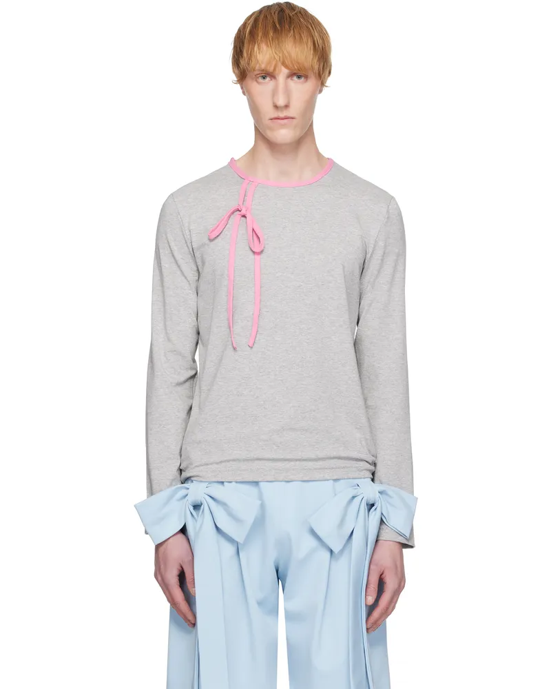 ANDREJ GRONAU Gray & Pink Bow Piping Jersey Top Grey