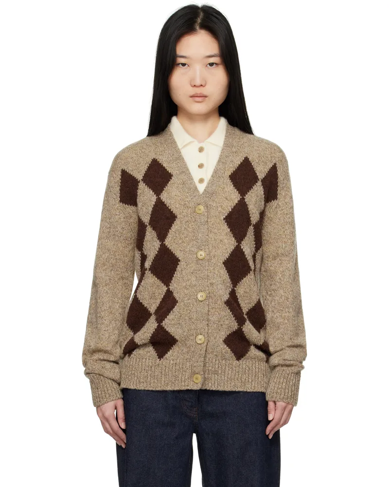 &Daughter Beige & Brown Shetland Argyle Cardigan Mushroom