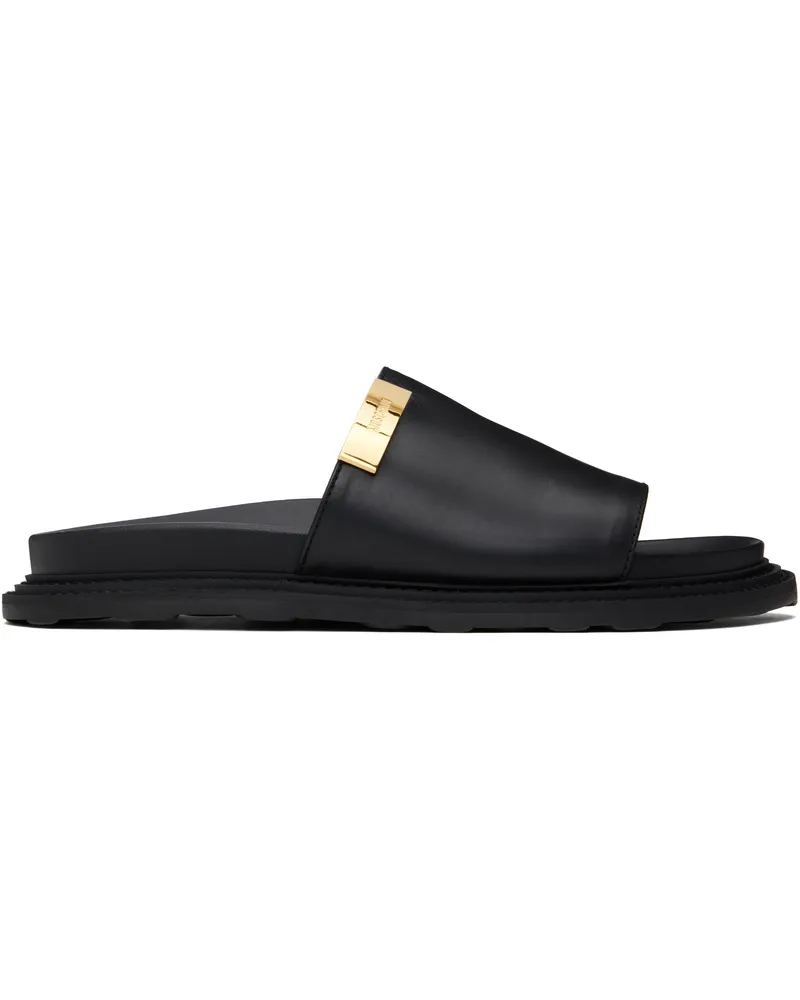 Moschino Black Calfskin Logo Plaque Sandals Black