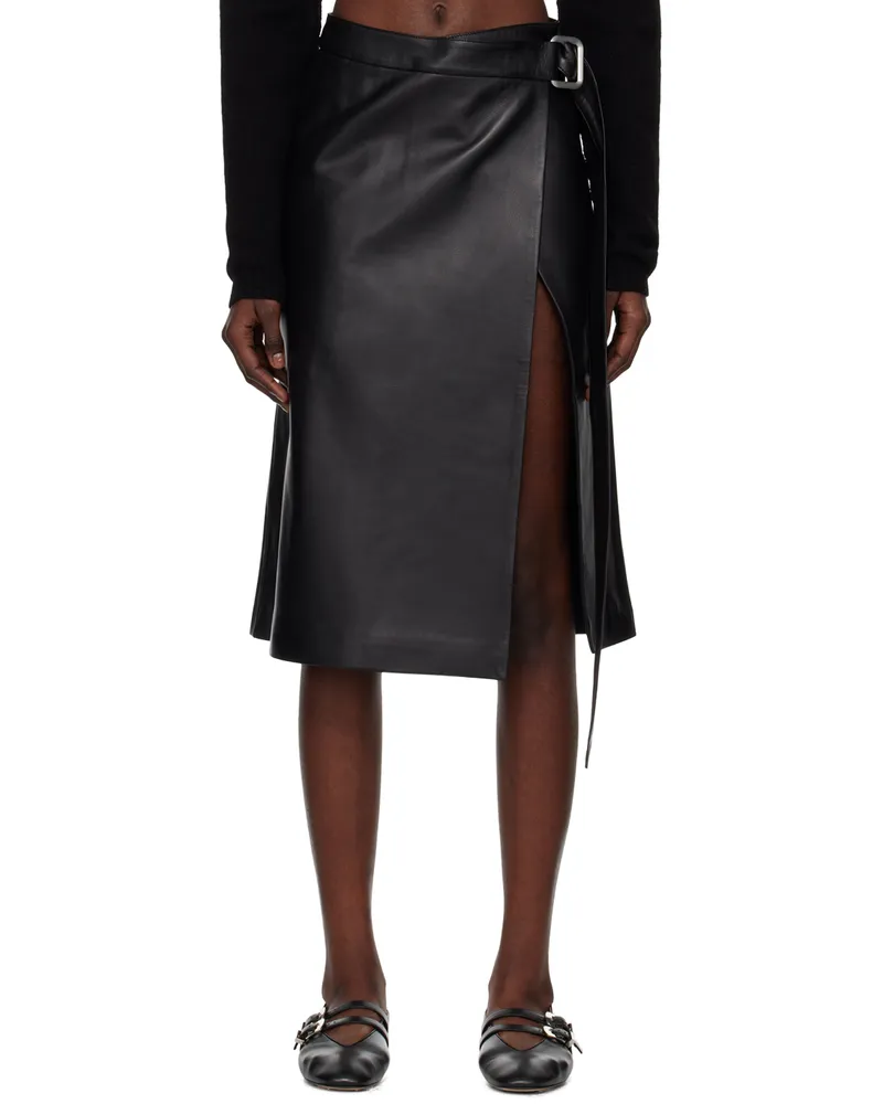AMI Paris Black Wrap Leather Midi Skirt Black