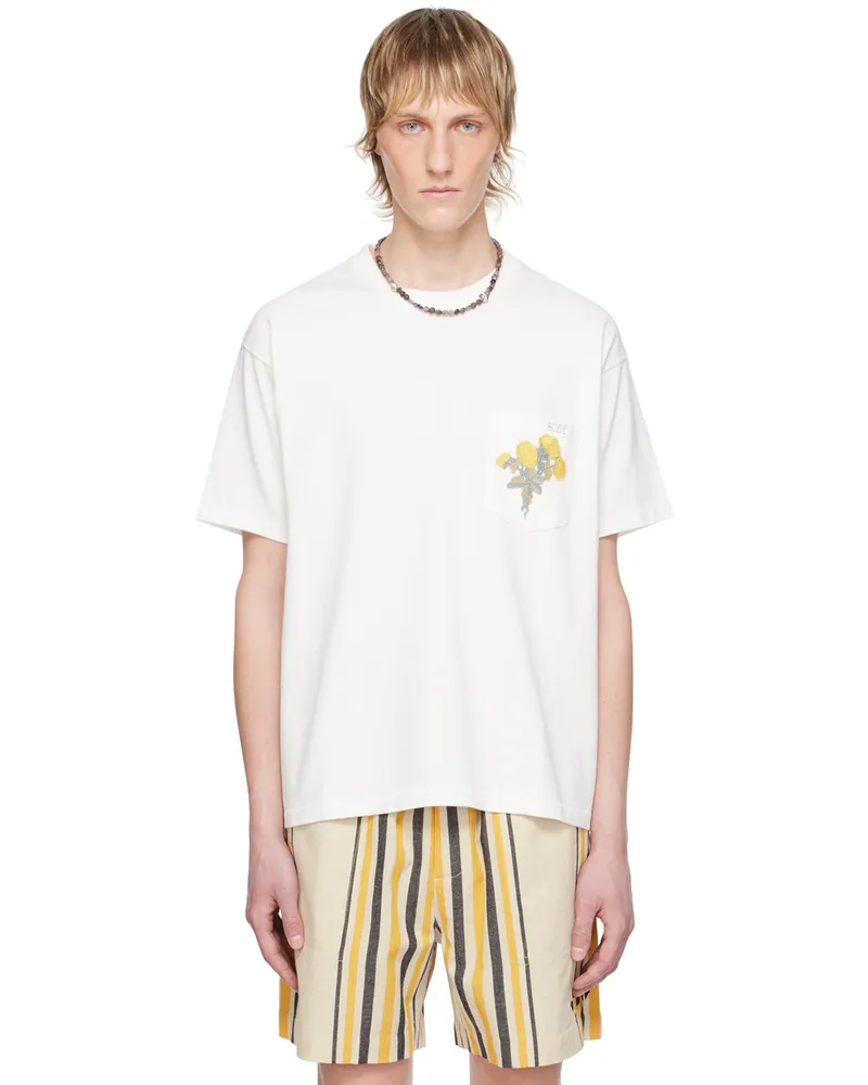 BODE White Embroidered Bouquet Pocket T-Shirt Cream