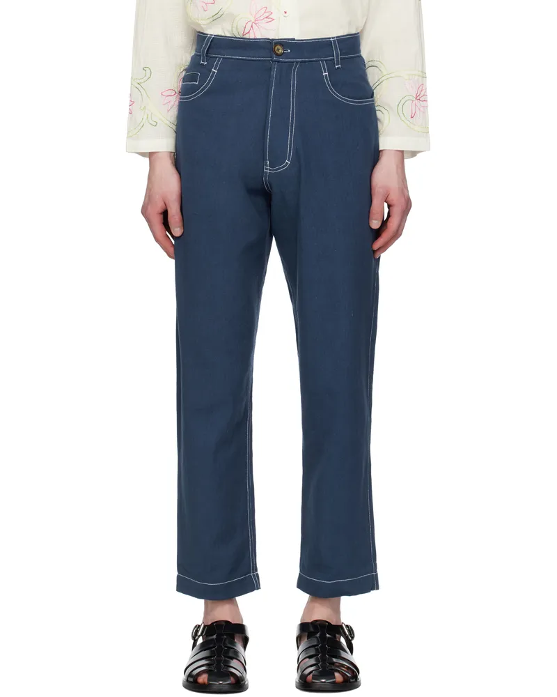 HARAGO Blue Double Stitch Trousers Indigo