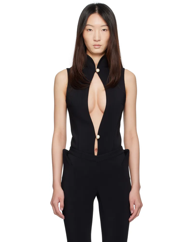 Thierry Mugler Black Open Neckline Tailored Bodysuit 1999