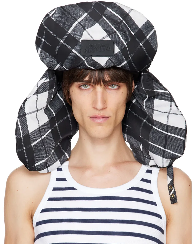 Jean Paul Gaultier Black & White Nylon Chapka Printed Tartan Aviator Hat 000201-black
