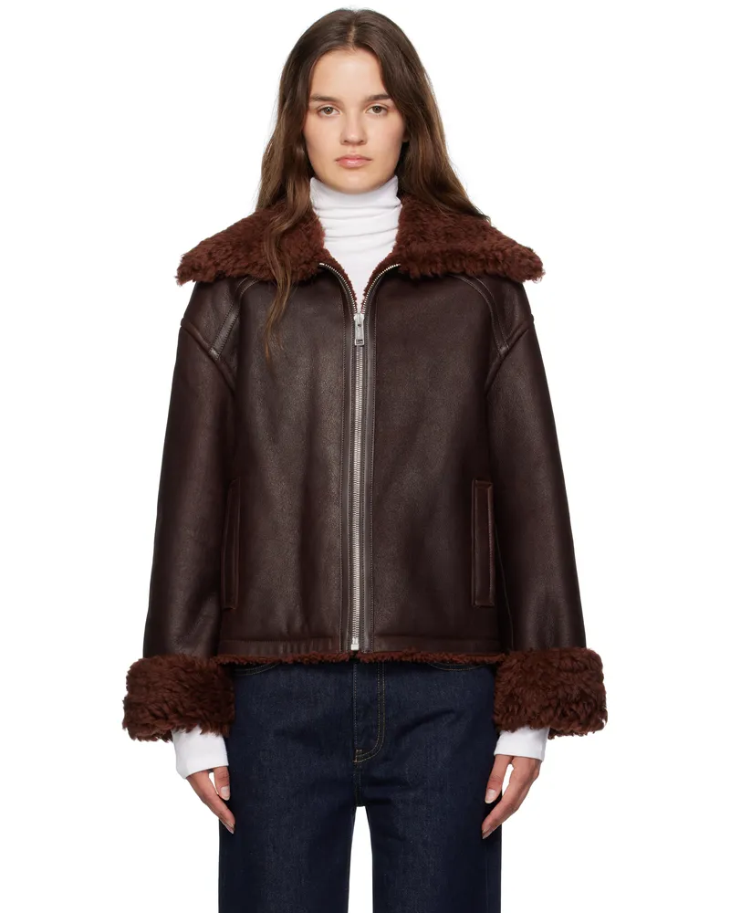 Yves Salomon Burgundy Zip Shearling Jacket A2066