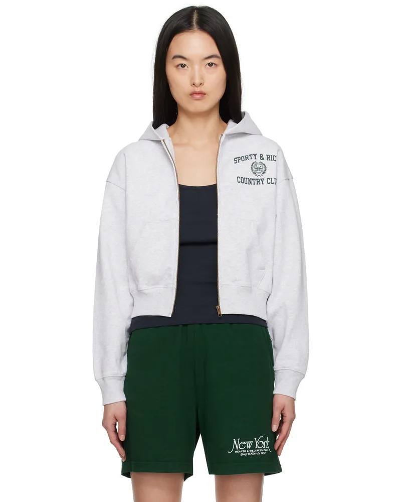 SPORTY & RICH Gray Varsity Crest Cropped Zip Hoodie 19