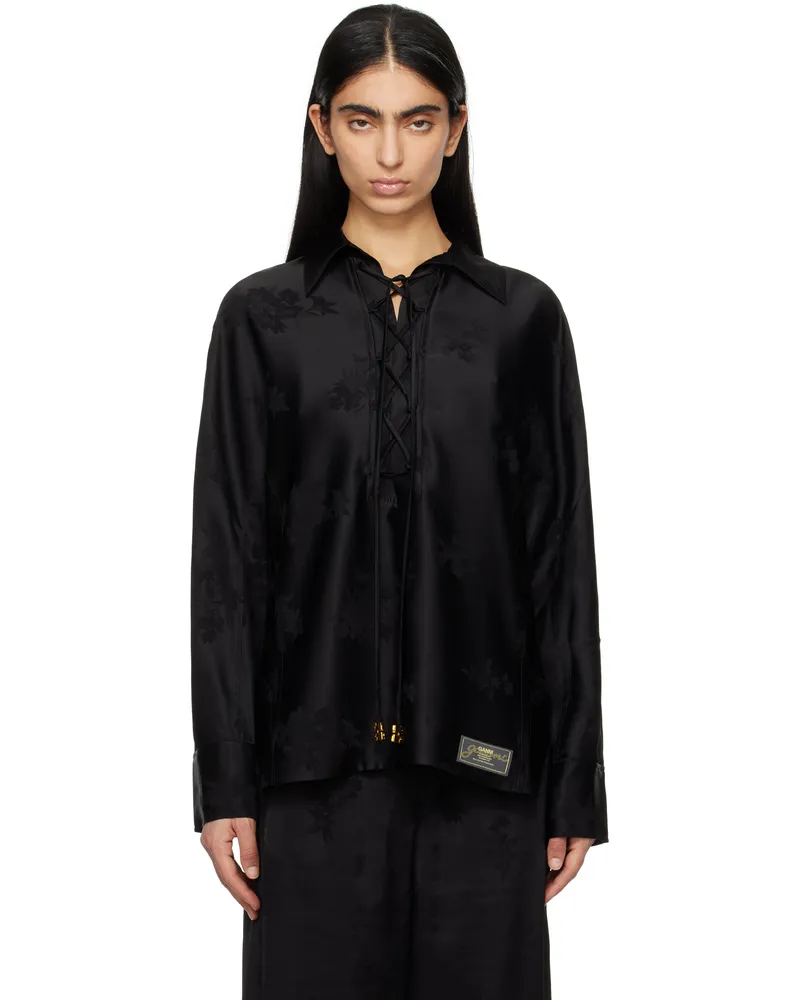 Ganni Black Satin Jacquard Tie String Shirt 099
