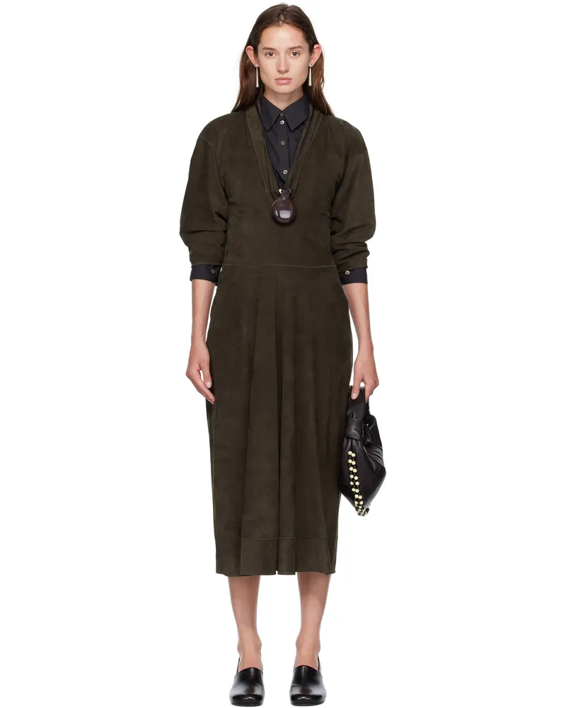 Christophe Lemaire Khaki V-neck Nubuck Midi Dress Gr678