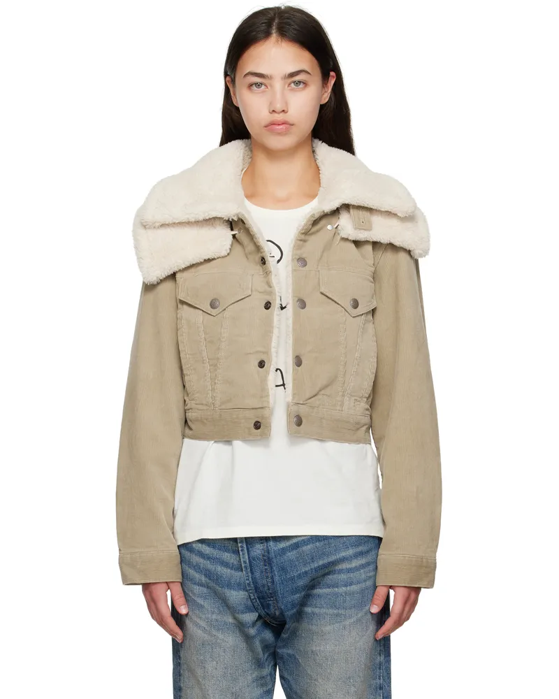 R13 Taupe Double Collar Sherpa Trucker Jacket Stone
