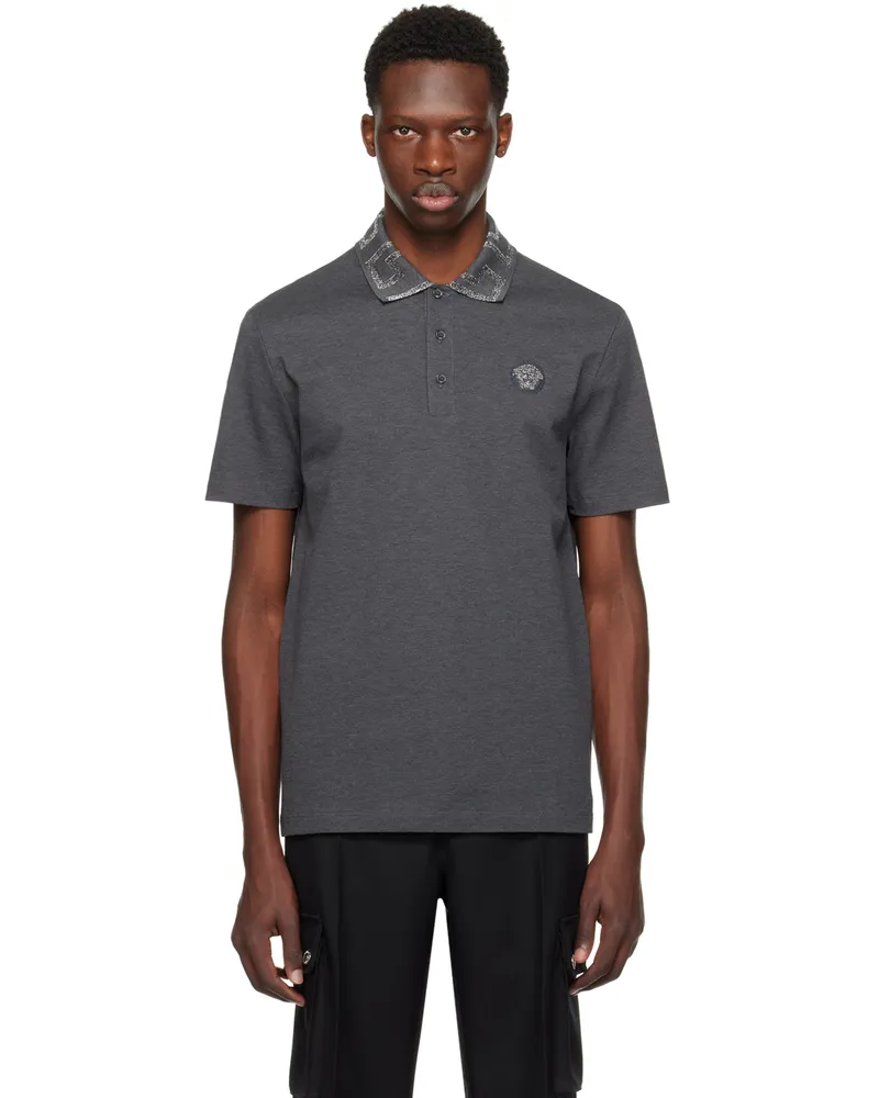 Versace Gray Greca Collar Polo 1e880-anthracite