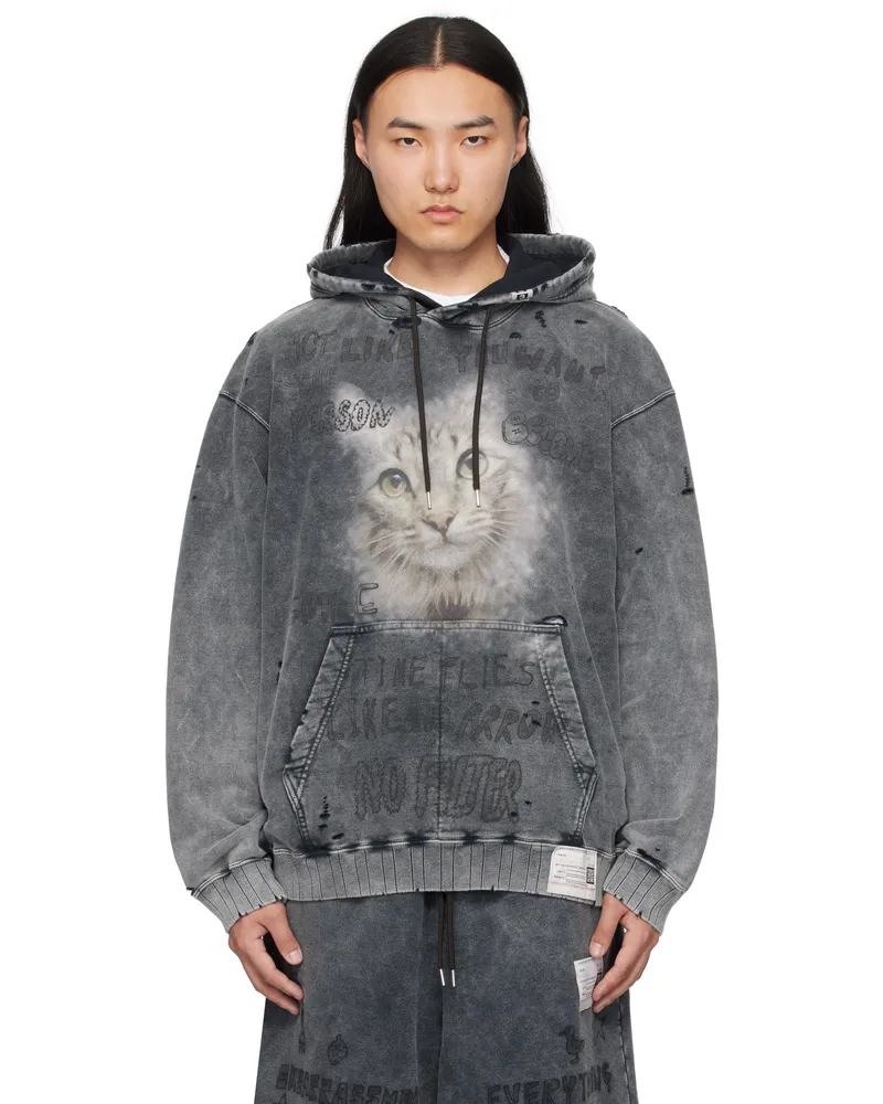 MIHARAYASUHIRO Black Bleached Cat Print Hoodie Black
