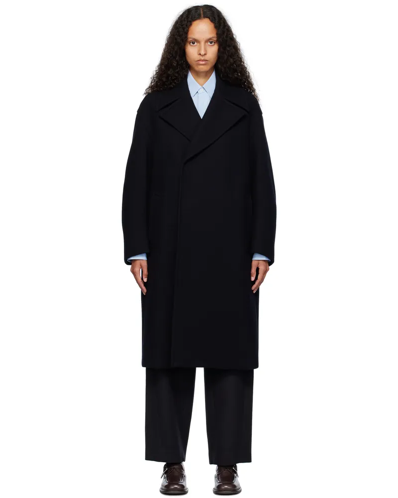 AURALEE Navy Sponge Wool Melton Double-Breasted Coat Dark