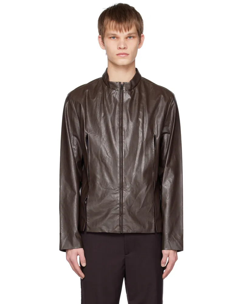 OPEN YY SSENSE Exclusive Brown Slit Faux-Leather Jacket Dark