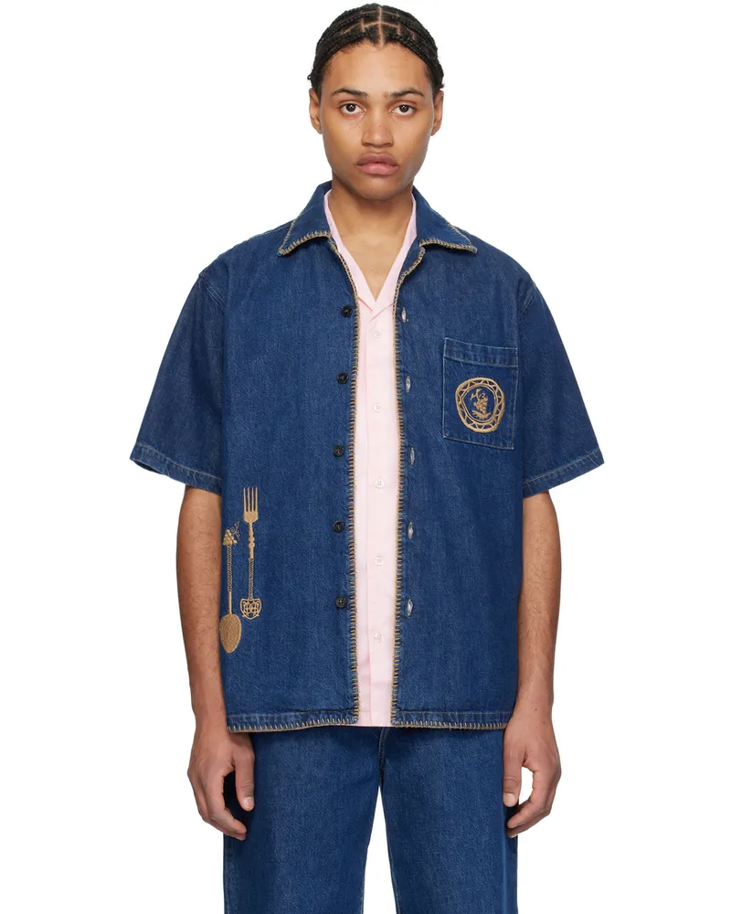 Drôle de Monsieur Blue 'La Surchemise Art de la Table' Denim Shirt Stone