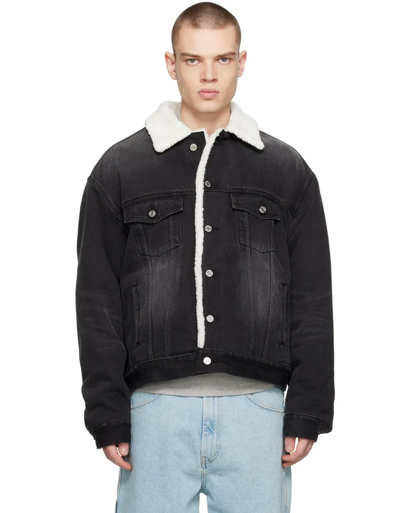 WE 11 DONE Black Oversized Faux-Shearling Denim Jacket Black