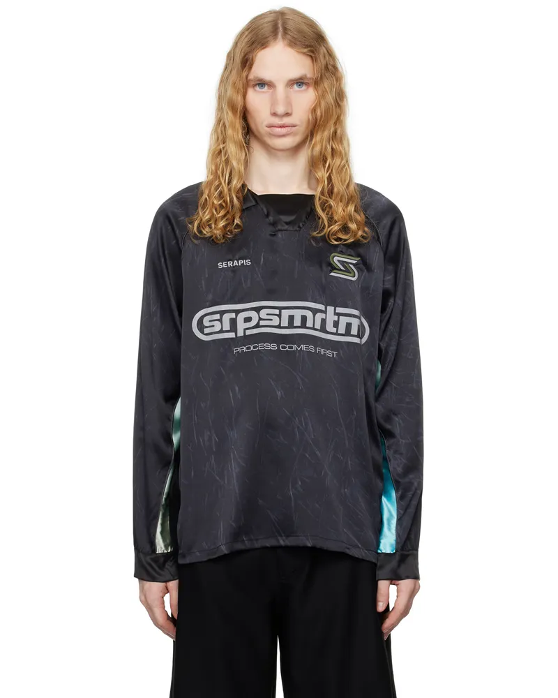 SERAPIS Black Silk Football Polo Print