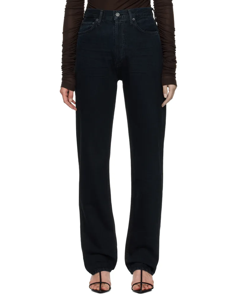 AGOLDE Black 90's Pinch Waist High Rise Straight Long Jeans Crushed