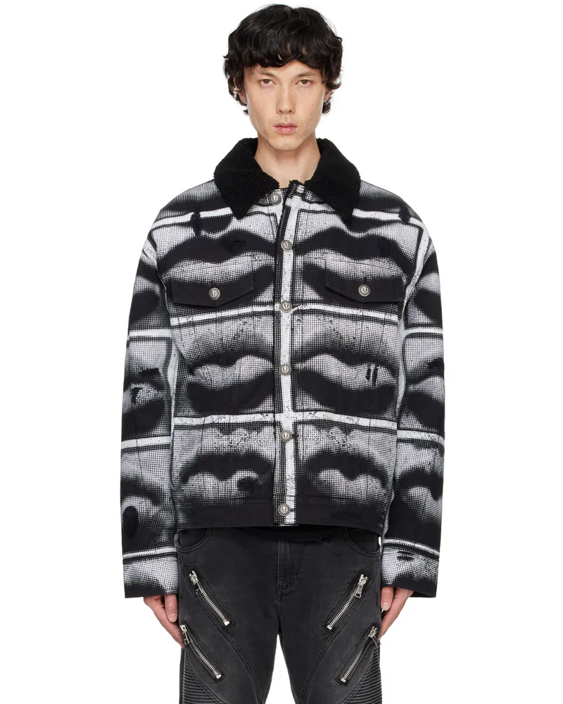 Balmain Black & White Lips Print Denim Jacket Eab