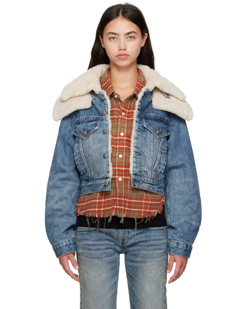 R13 Blue Double Collar Sherpa Denim Trucker Jacket Leo