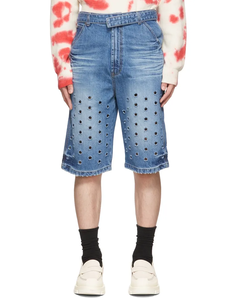WE 11 DONE Blue Denim Cut-Out Shorts Blue