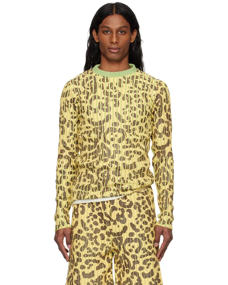 Stanley Raffington Yellow & Green Leopard Print Plated Knit Crewneck Sweater Leopard