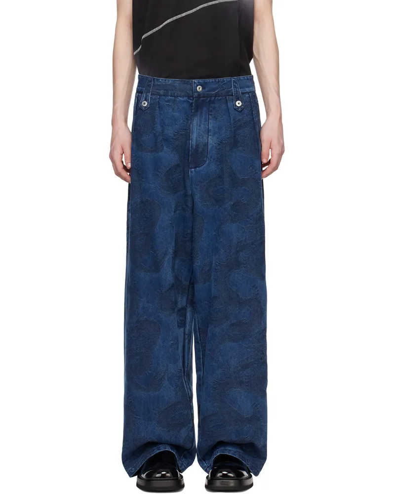 Feng Chen Wang Blue Dragon Denim Trousers Blue