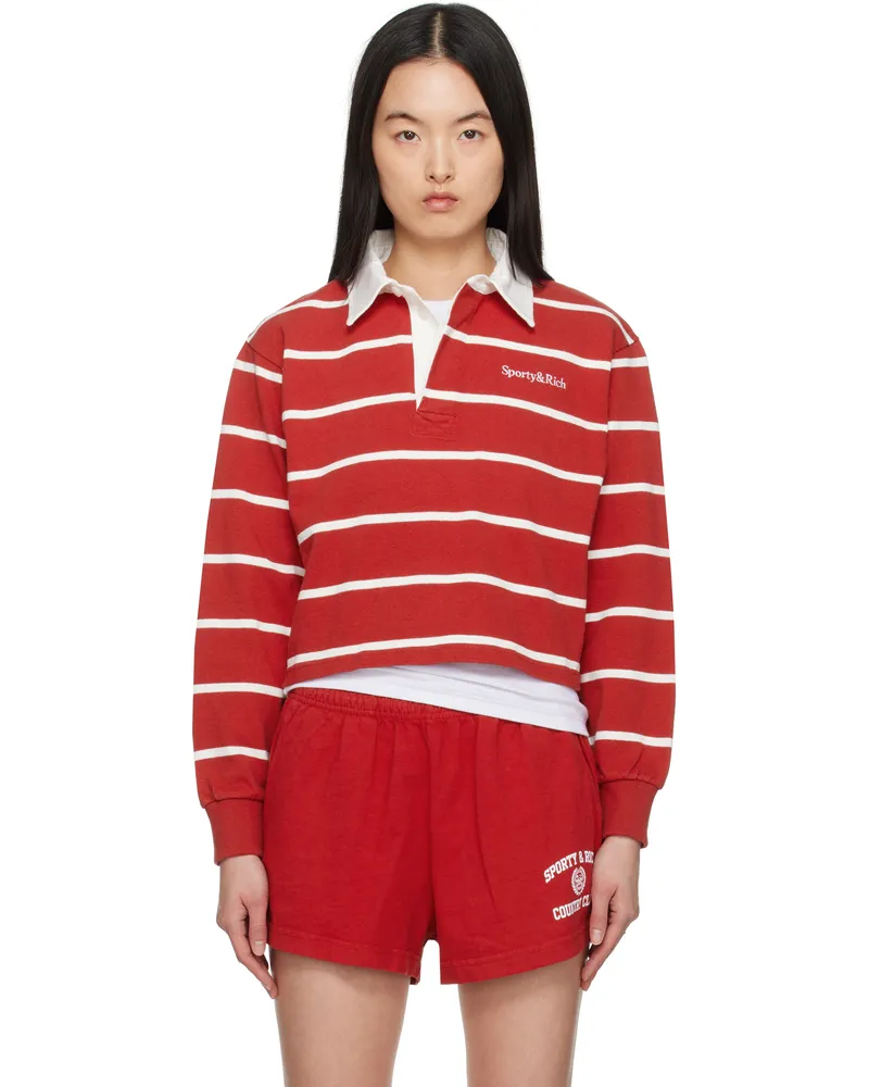 SPORTY & RICH Red & White Serif Logo Rugby Polo 3953