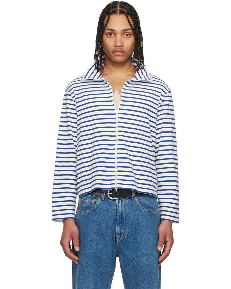 Our Legacy White & Blue Shrunken Fullzip Sweater Genova