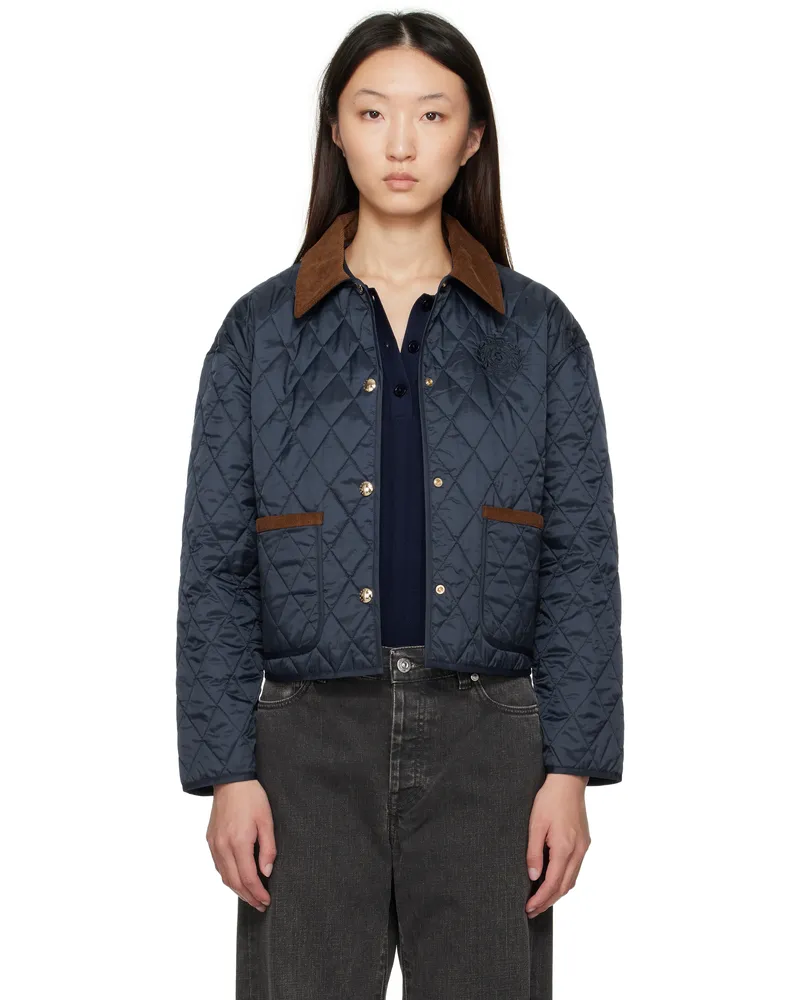 SPORTY & RICH Navy H&W Crest Nylon Cropped Quilted Jacket 3902