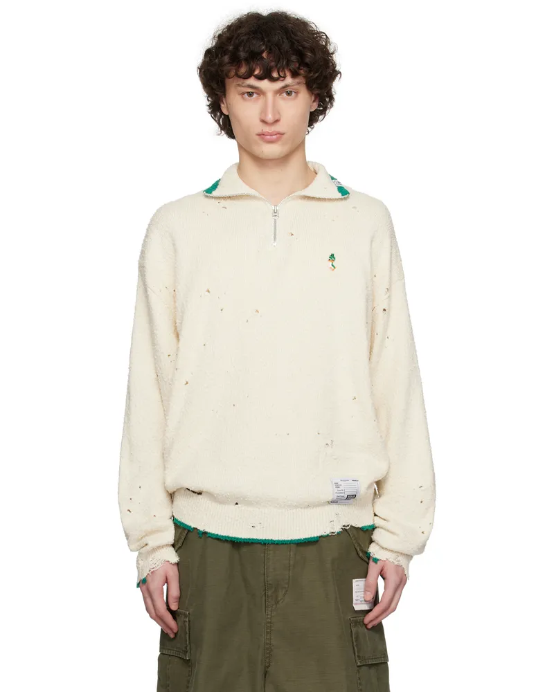 MIHARAYASUHIRO Off-White Distressed Knit Half Zip Sweater White