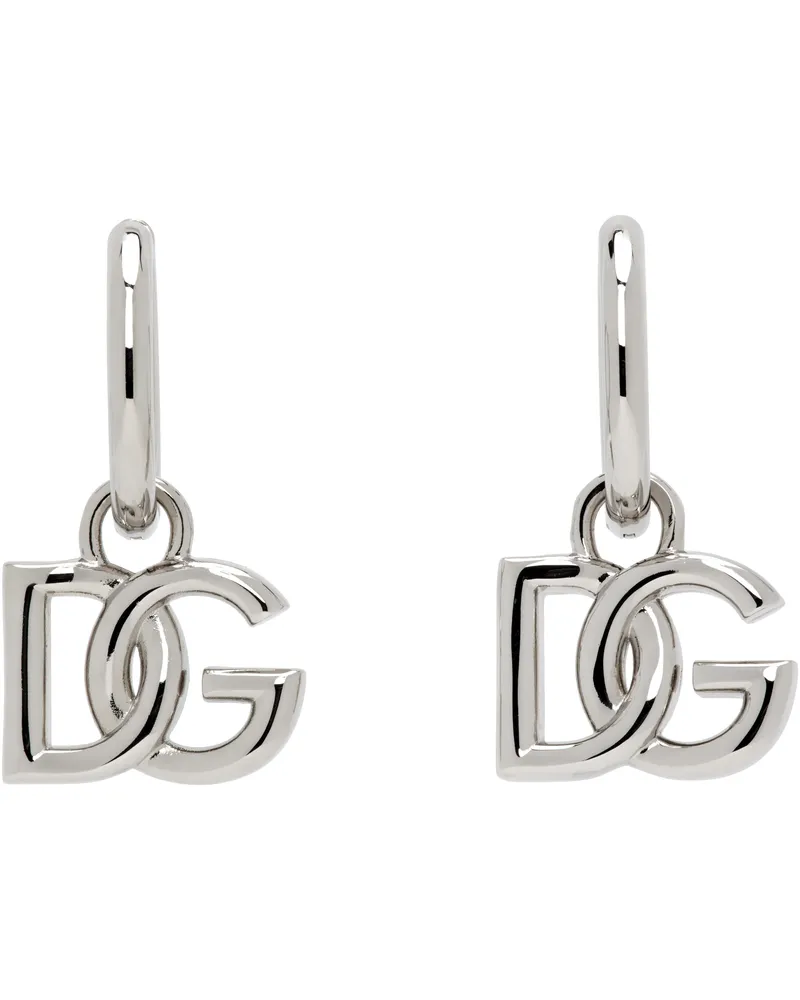 Dolce & Gabbana Silver 'DG' Logo Pendant Hoop Earrings Argento