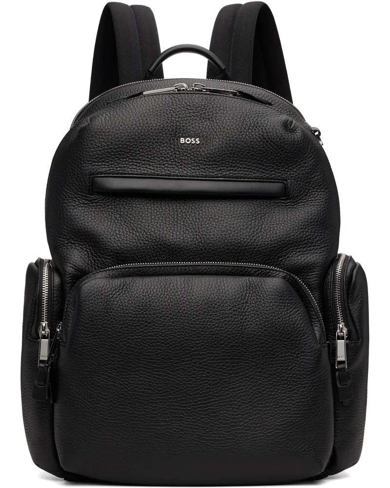 HUGO BOSS Black Italian-Leather Zipped Side Pockets Backpack 001-black