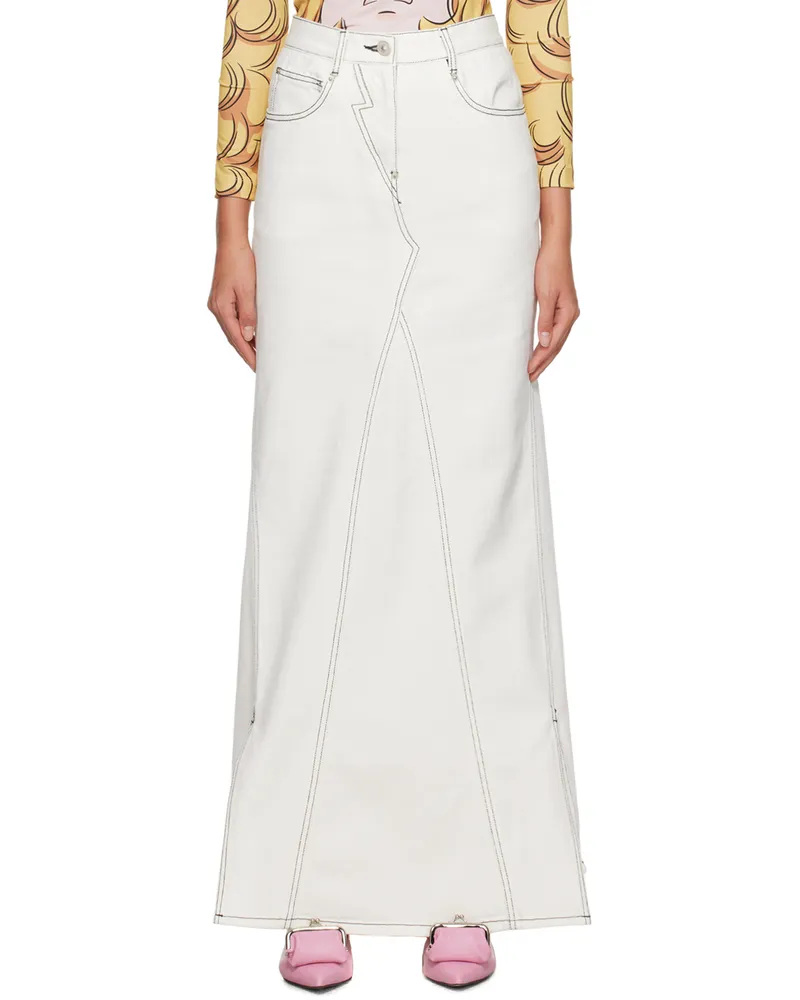pushBUTTON White Vented Denim Maxi Skirt White