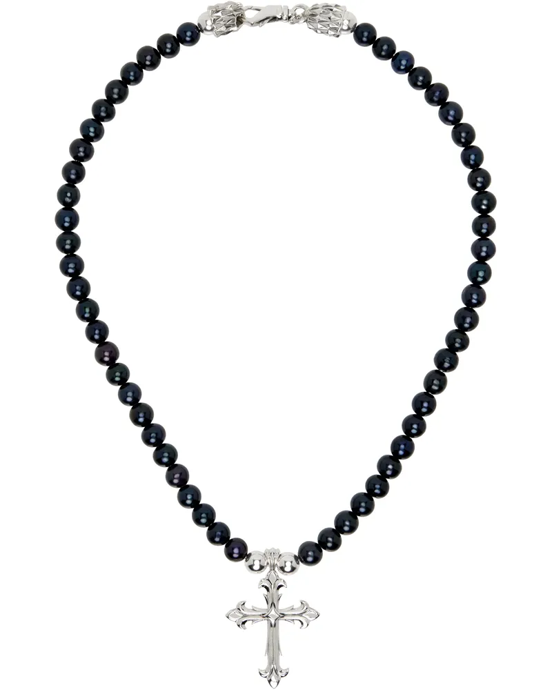 Emanuele Bicocchi Black & Silver Pearl Cross Necklace Silver