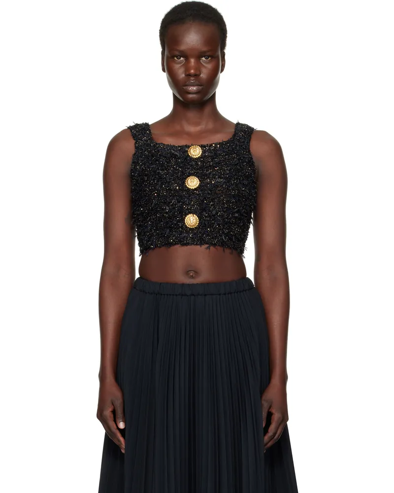 Balmain Black Tweed Knit Crop Tank Top Ead