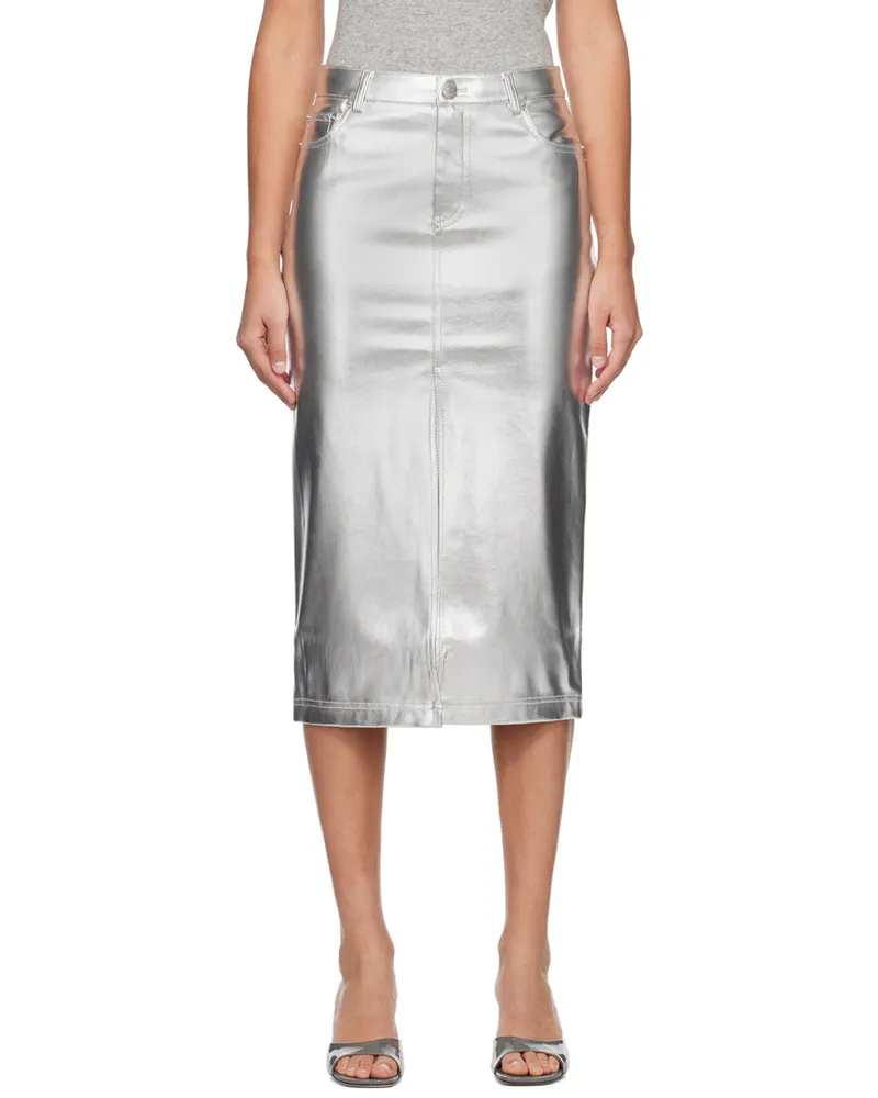 STAUD Silver Oaklyn Faux-Leather Midi Skirt Slvr