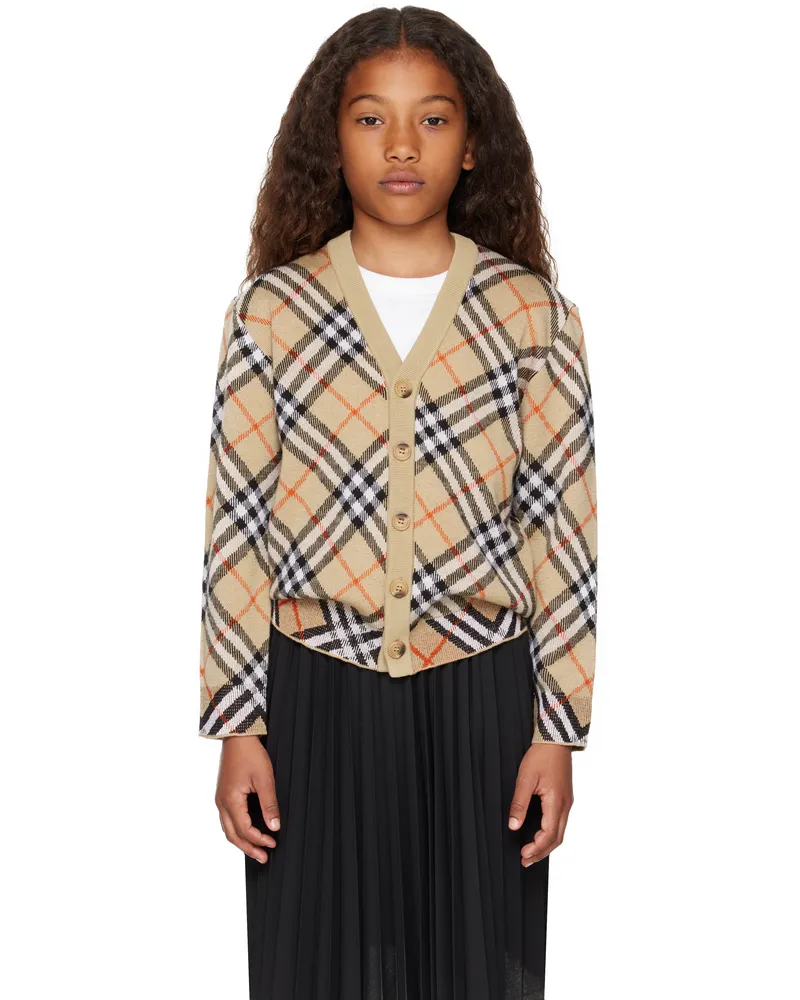 Burberry Kids Beige Check Wool Cardigan Sand