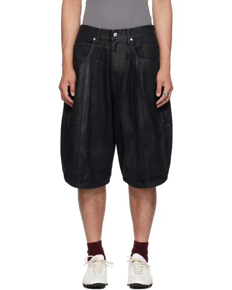 LU'U DAN Black Puffa Denim Shorts Coated