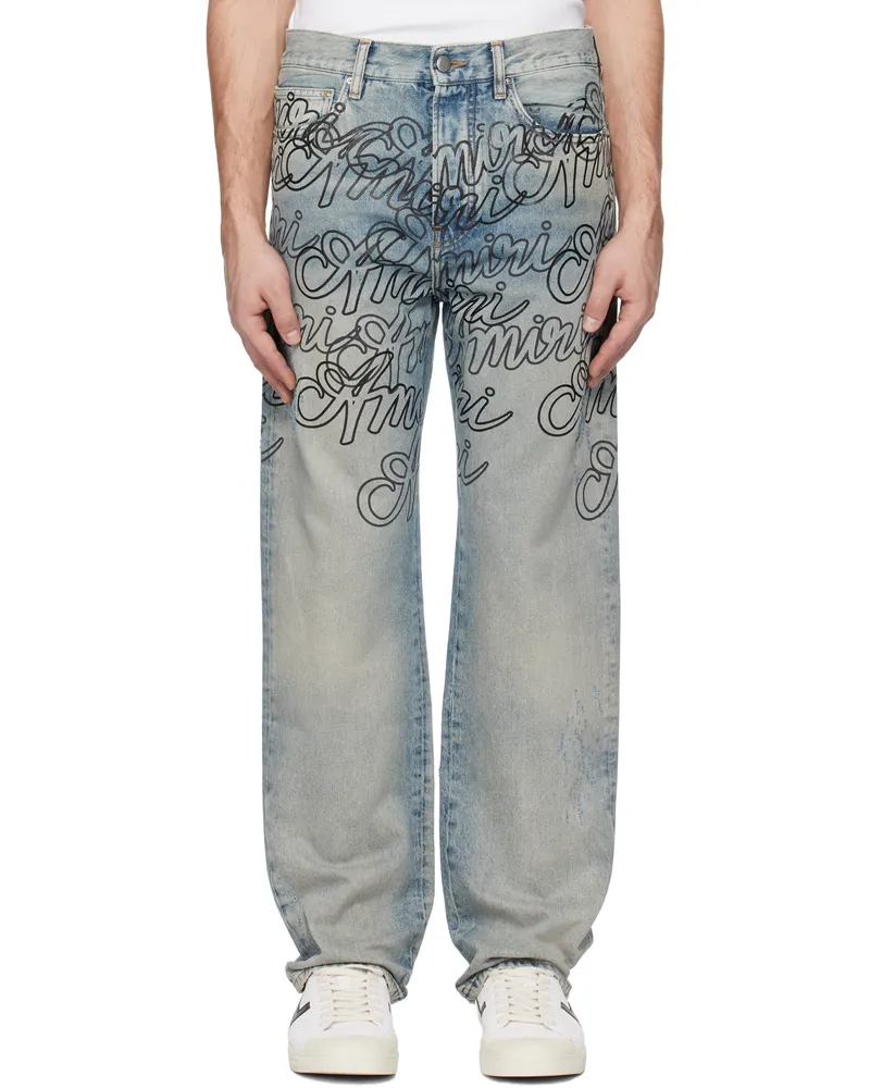 Amiri Blue Overlay Printed 'Amiri' Script Jeans Antique