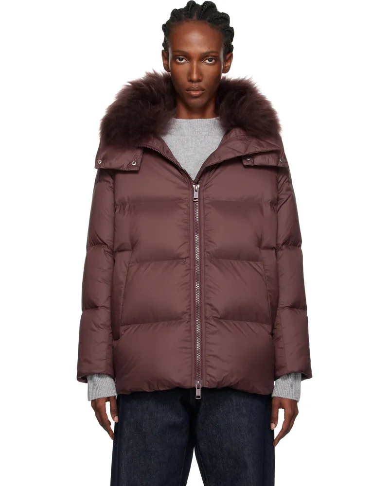 Yves Salomon Burgundy Puffy Hooded Down Jacket A6080