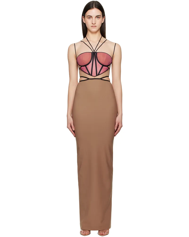 Nensi Dojaka Tan & Pink Leila Signature Corset Maxi Dress Macchiato