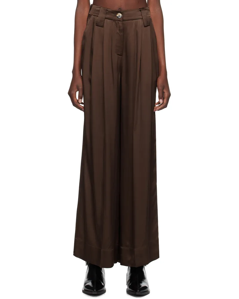 Ganni Brown Washed Satin Flared Trousers 897