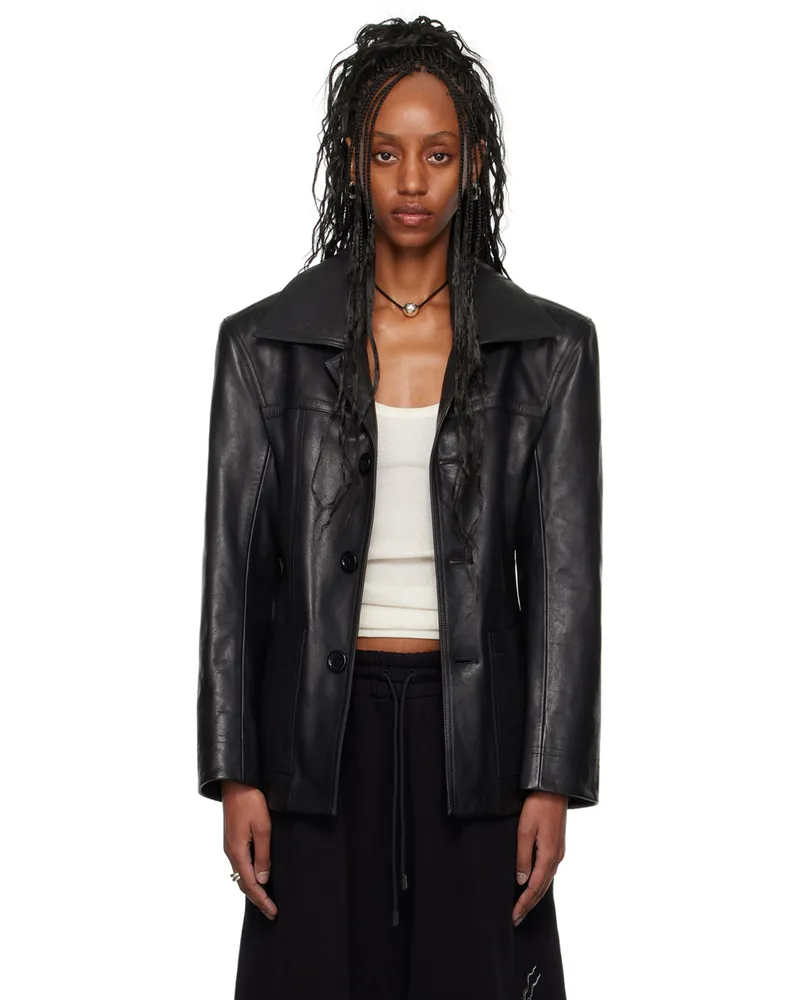 LU'U DAN Black Slim-Fit Creep Leather Jacket Black